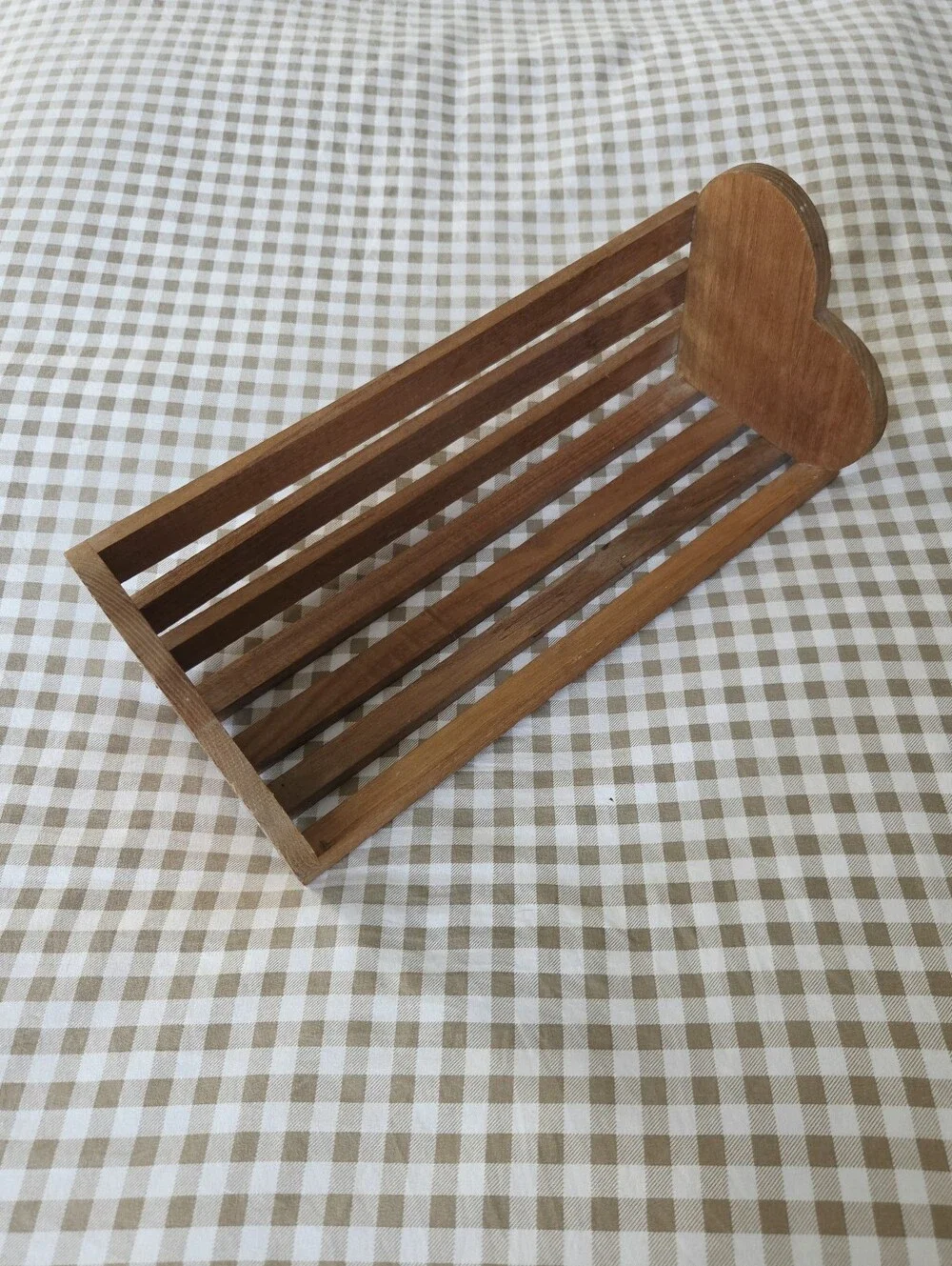 Vintage Handmade Slatted Wooden Shelf With Heart Sides